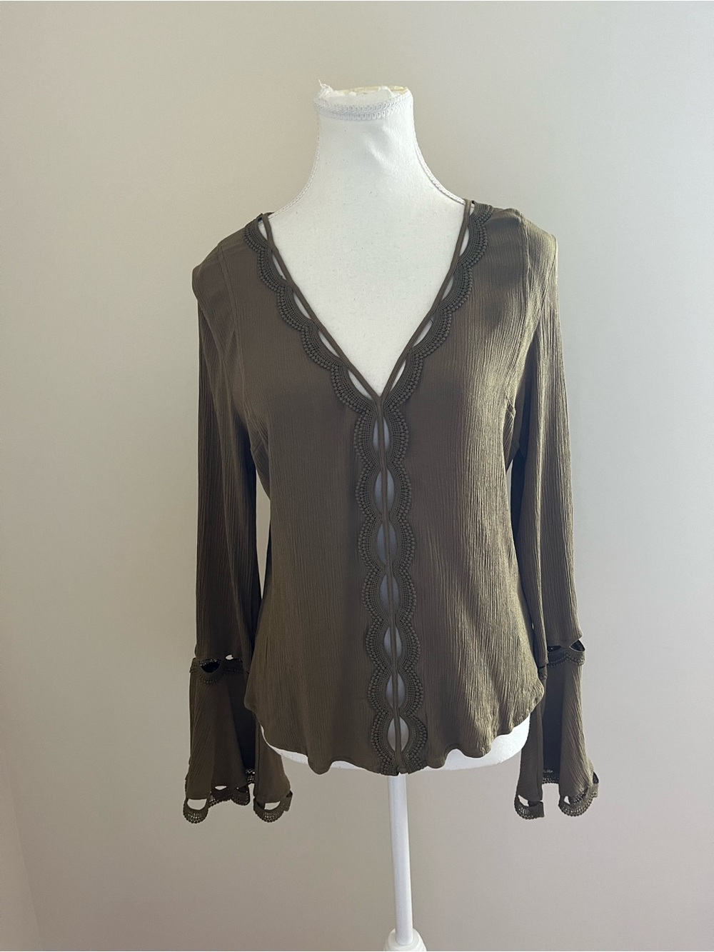 Guess Olive Green V-Neck Lace-Trim Blouse